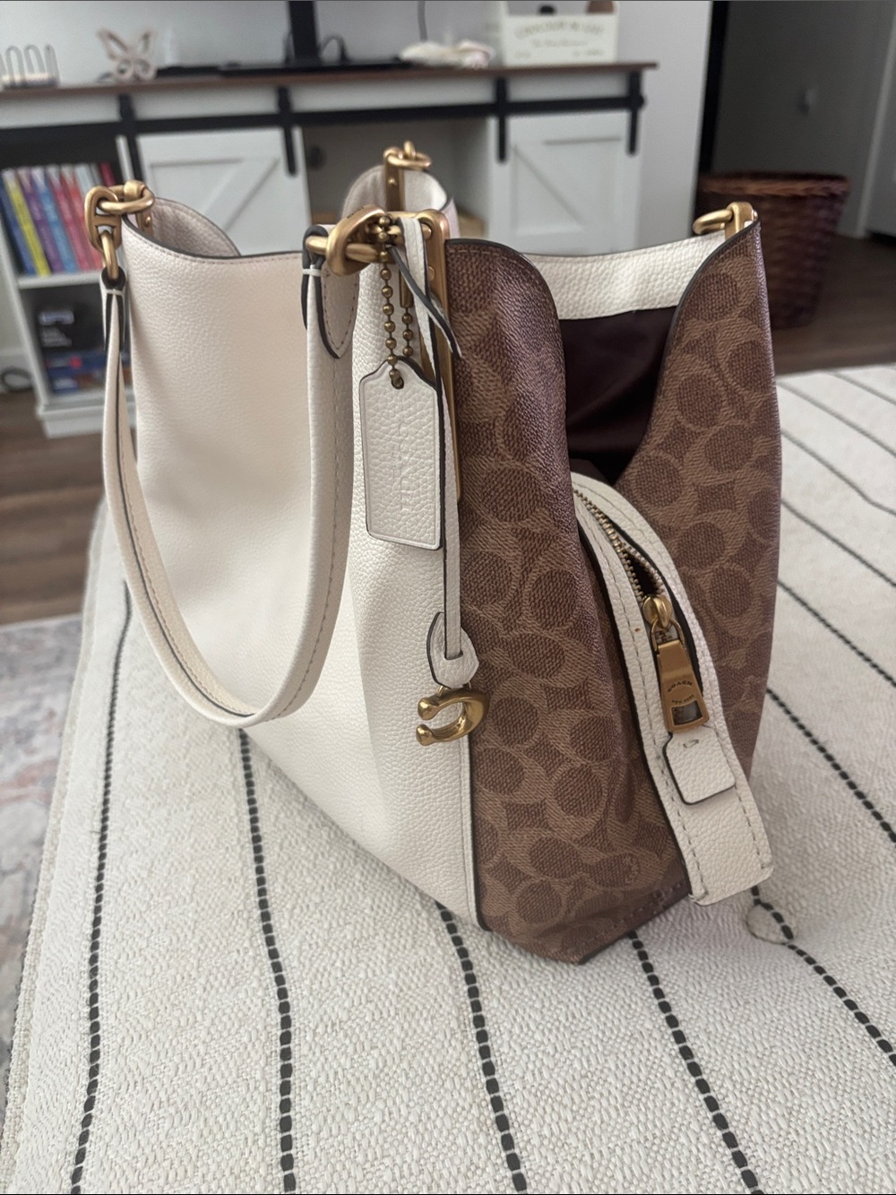 Coach Cream Leather & Brown Signature Canvas Shoulder Bag